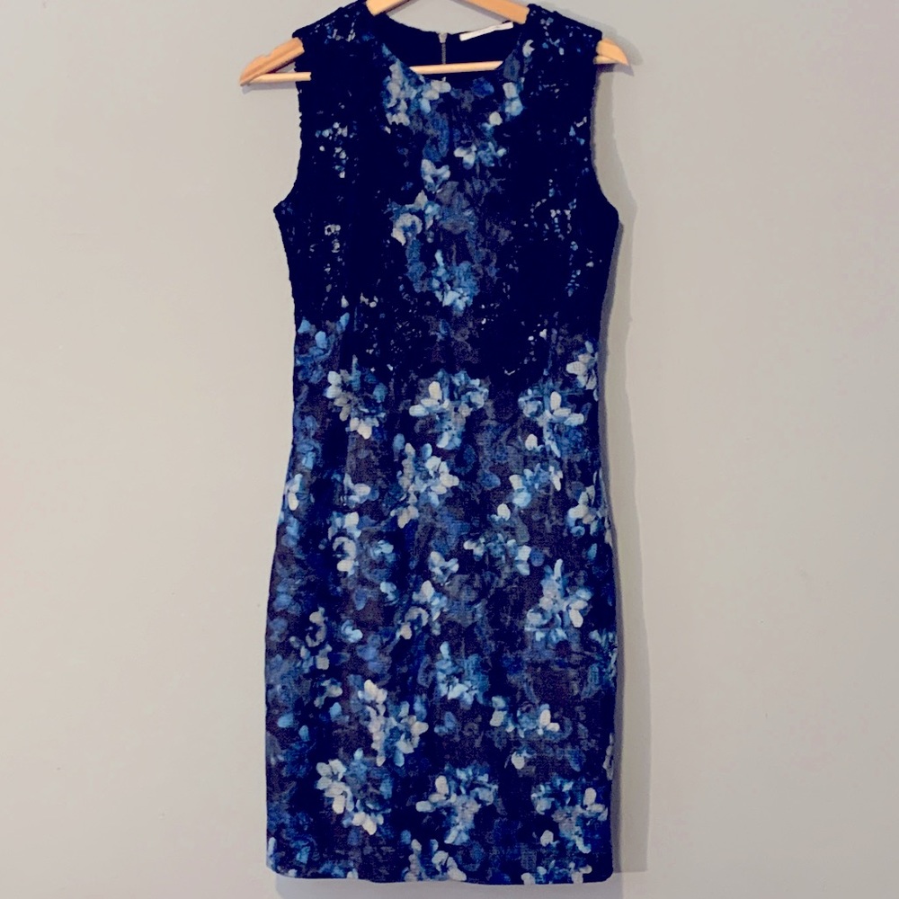 T Tahari Navy Black Floral Print Fiona Dress